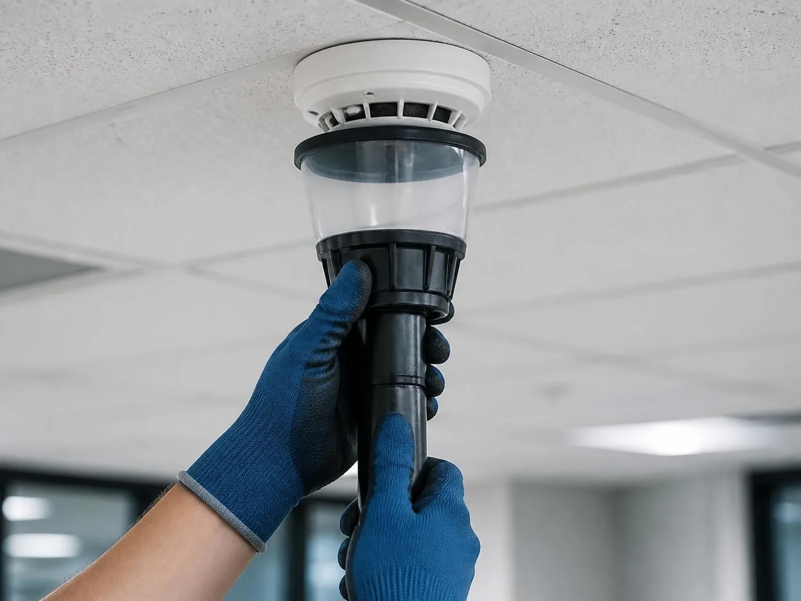 Technician performing a fire alarm inspection