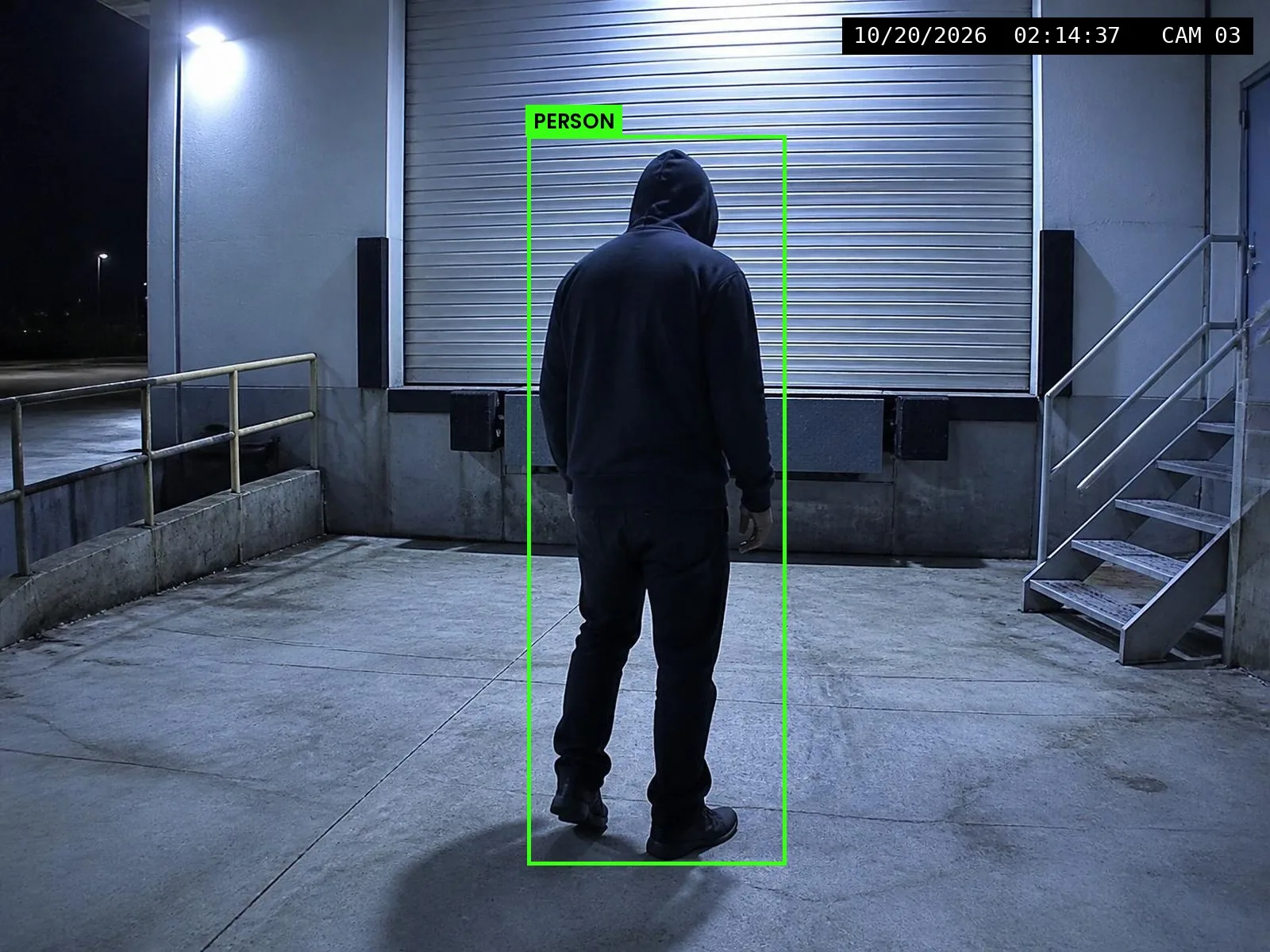 Owen Smart Video night view of a trespasser at a loading-dock door, flagged in a green person box