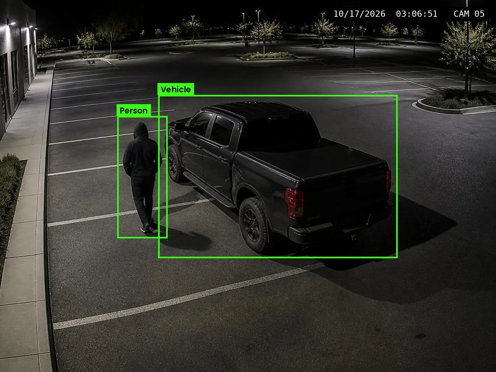 Representative Owen Smart Video view of an after-hours vehicle and person in a lot (not the actual incident footage)